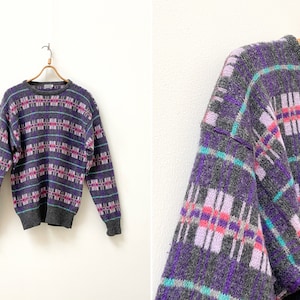 Vintage 90s Geometric Sweater Gray Wool Sweater Pastel Geometric Jumper Women Preppy Sweater Wool Winter Jumper Striped Wool Sweater M