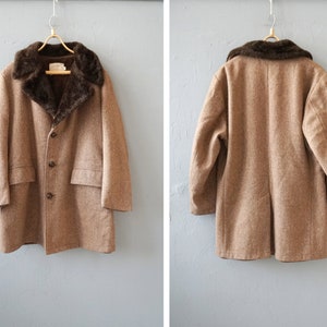Casaco de lã vintage 90s masculino, casaco vagabundo com gola sherpa, jaqueta de lã com gola de pele falsa, casaco masculino marrom, sobretudo de lã marrom, casaco de inverno masculino