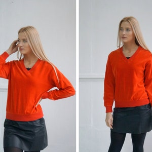 Vintage 90s Velvet Sweater Womens Velour Sweater M L Bright Orange Sweater V Neck Sweater Velour Jumper Orange Pullover Womens Orange Top M