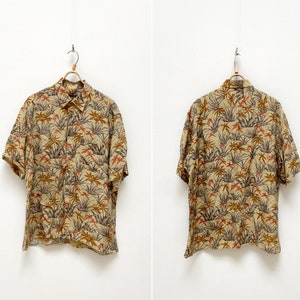 Vintage 90s Beach Shirt Men Rayon Shirt Mens Abstract Print Shirt Plant Patterned Rayon Button Down Shirt Summer Overshirt Palm Shirt XL