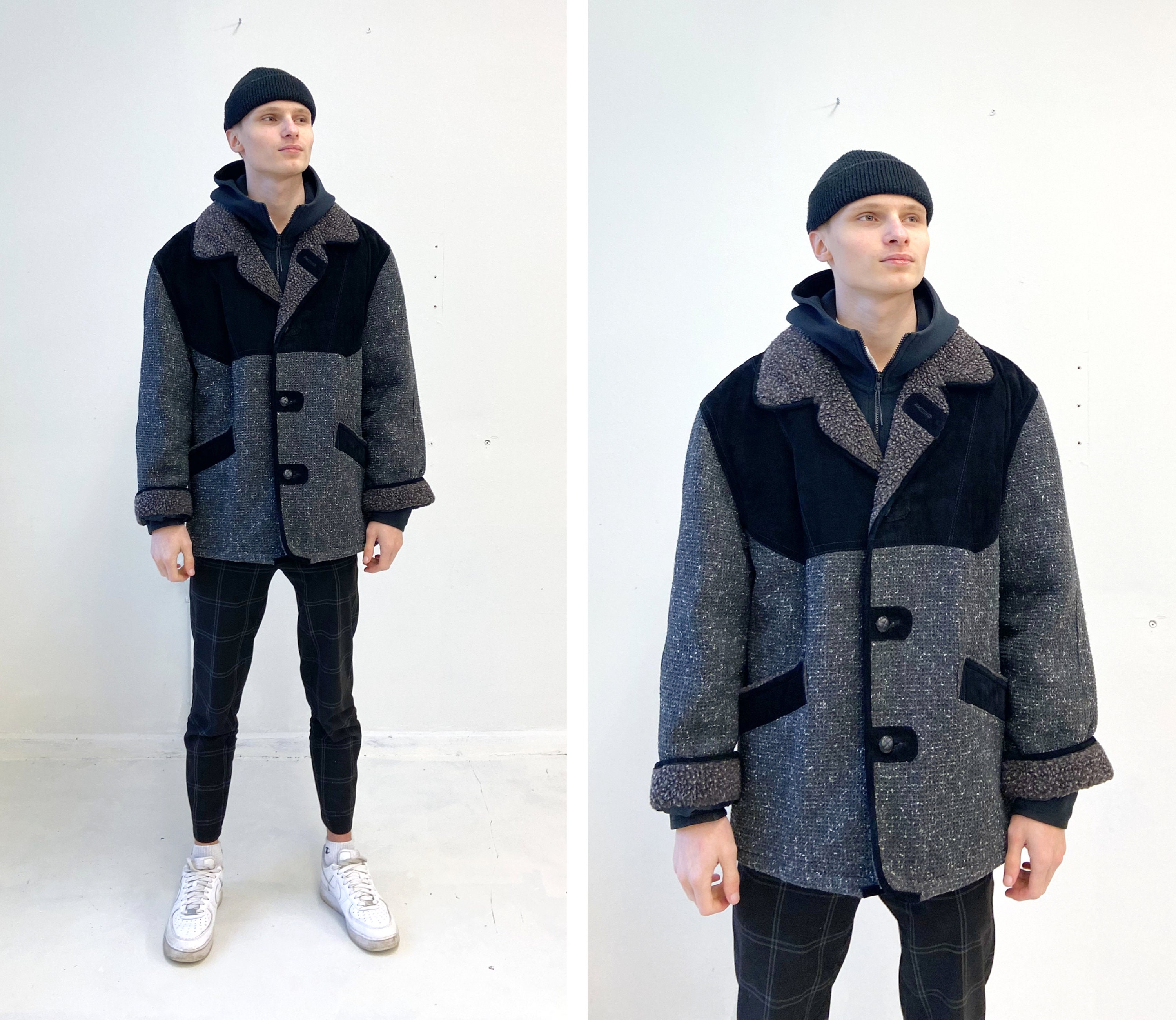 Vintage 90s Teddy Jacket Leather And Sherpa Jacket Gray Wool Jacket Gray Teddy Coat Oversize Wool Jakcket Knitted Wool Coat L XL
