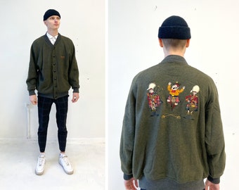 Vintage Wool Bomber Jacket: Embroidered Scottish Green Cardigan, Made in Italy
