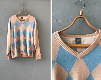 Vintage 90s Rukka Sweater Mens Pastel XXL Sweater 90s Argyle Jumper Wool Sweater V-neck Pullover Geometric Pullover Jumper V Neck Sweater