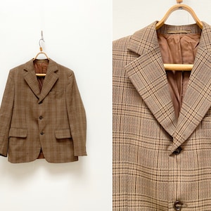 Vintage 90s Wool Tartan Blazer Checked Blazer Mens Plaid Jacket M Brown Plaid Blazer Check Print Blazer Wool Brown BlazerMens Checked Jacket