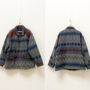 Vintage 90s Patterned Wool Jacket Mens Aztec Coat Striped Winter Coat Mens Winter Jacket Striped Navajo Jacket Wool Blanket Jacket XL