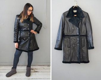 Vintage 90s Black Faux Leather Coat Faux Leather Jacket S Womens Black Leather Coat Black Coat S Faux Fur Lining Jacket Fake Leather Coat S