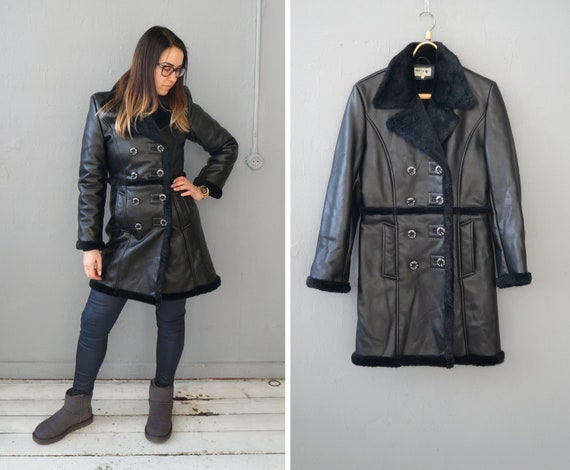 Vintage 90s Black Faux Leather Coat Faux Leather … - image 1