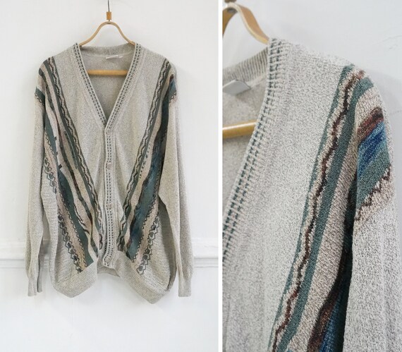 Vintage 90s Mens Cardigan Beige Vertical Striped M