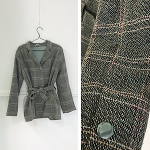 Vintage Plaid Coat Checked Jacket Womens M Trench Coat M Medium Jacket Belted Short Coat Patterned 90s Coat Warm Smart Jacket Womens Coat M