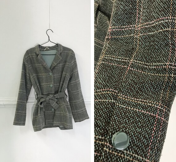 Vintage Plaid Coat Checked Jacket Womens M Trench… - image 1