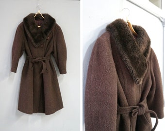 Vintage 80s Wool Coat Womens L XL Wool Brown Coat Brown Winter Coat Oversized Coat Large Wool Coat Fur Collar Coat Heavy Brown Coat L XL