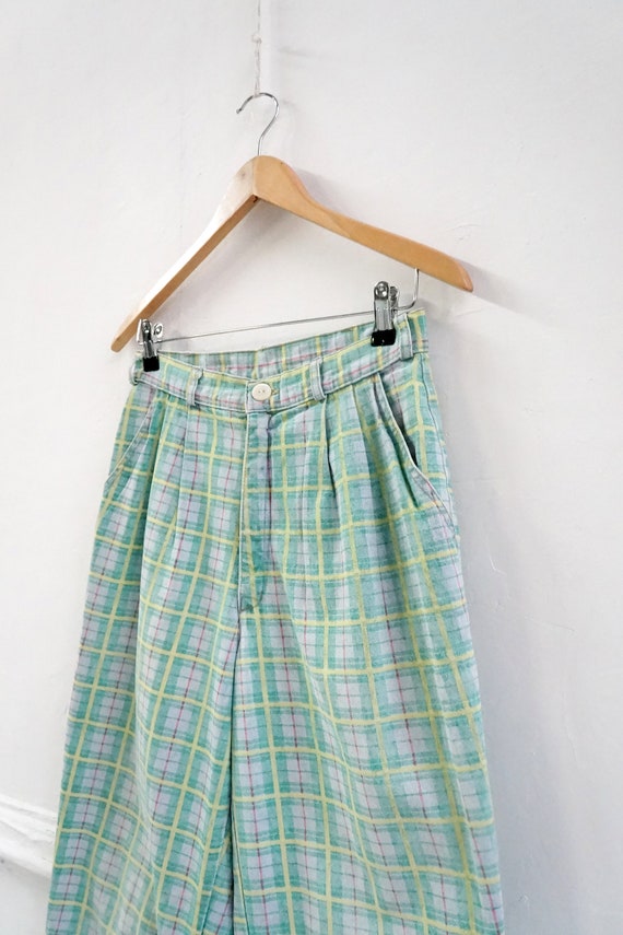 Vintage 90s Plaid Pants Pleated Pants W29 Green P… - image 5