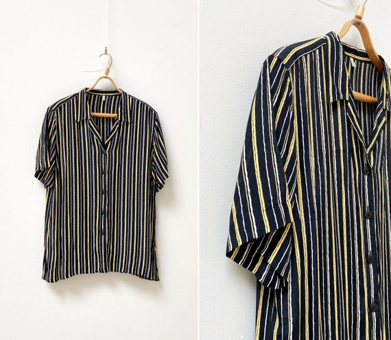 Vintage 90s Striped Blouse Yellow Striped Shirt W… - image 1