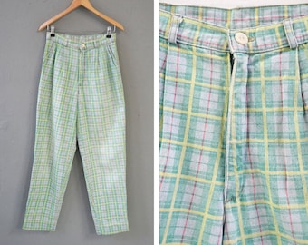 Vintage 90s Plaid Pants Pleated Pants W29 Green Plaid Pants Checkered Trousers W29 Womens Boho Pants Mens Plaid Trousers Green Pants 29