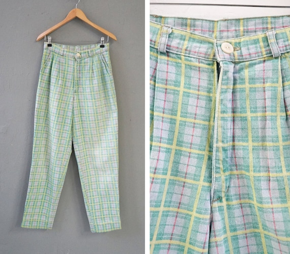 Vintage 90s Plaid Pants Pleated Pants W29 Green P… - image 1