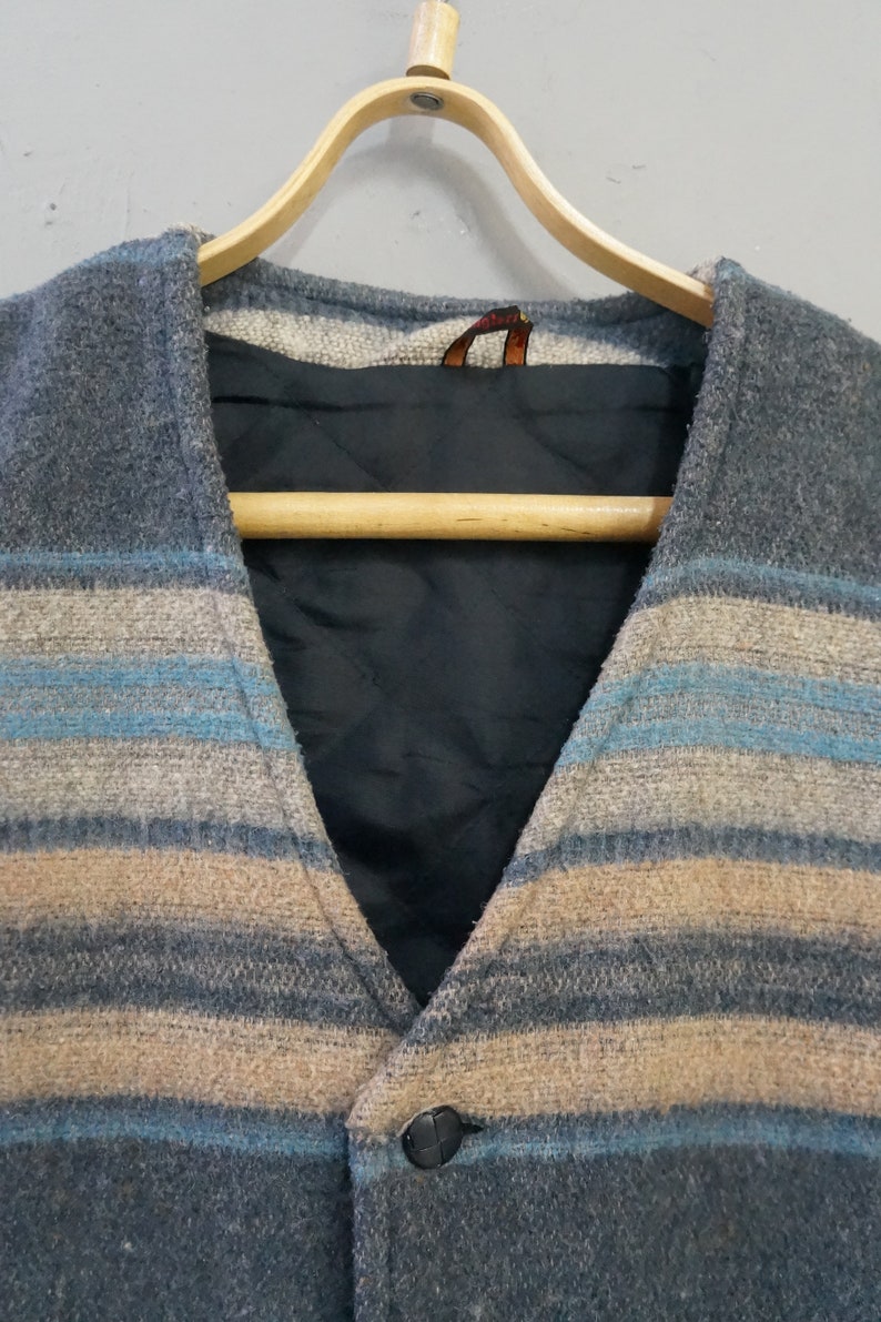 Vintage 90s Wool Vest Striped Wool Waistcoat Sleeveless Wool Jacket Mens Wool Vest Womens Wool Vest Wool Waistcoat Top Blue Gray Vest L XL
