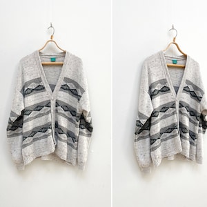 Vintage 90s Geometric Cardigan Mens Knitted Cardigan Mens Knit Jacket Gray Wool Cardigan Gray Knit Cardigan Mens Baggy Cardigan Gray Sweater