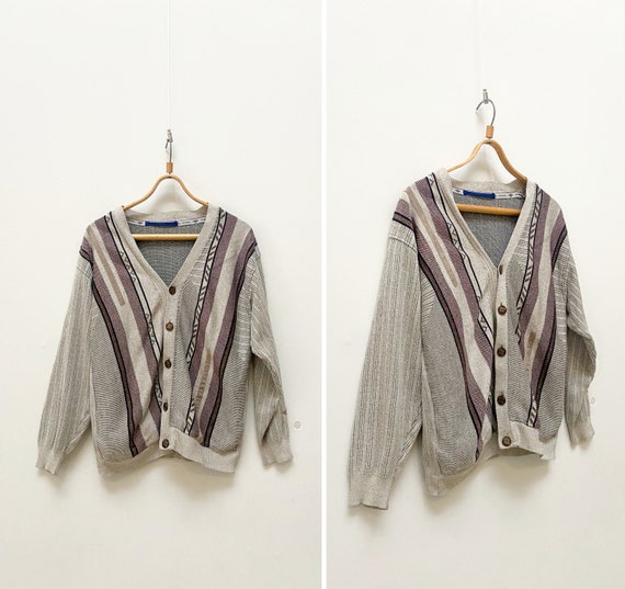 Vintage 90s Mens Cardigan Beige Vertical Striped … - image 1