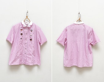 Vintage 90s Embroidered Pink Striped Blouse: Country Western Shirt