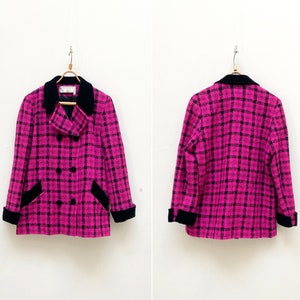 Vintage 80s Womenstyl Nouvelle Couture Blazer Coat Pink Black Check Blazer Made In Paris Coat Women Blazer Coat Check Wool Coat Large Women