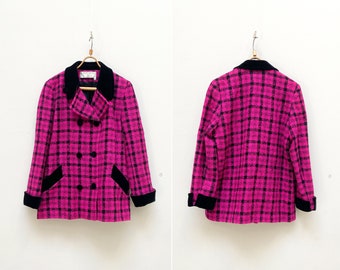 Vintage 80s Womenstyl Nouvelle Couture Blazer Coat Pink Black Check Blazer Made In Paris Coat Women Blazer Coat Check Wool Coat Large Women