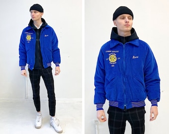 Vintage 90s Blue Corduroy Bomber Jacket Men Blue Bomber Jacket Blue Cord Bomber Jacket Blue High Shool Jacket Blue Corduroy Bomber Jacket L