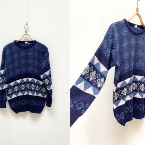 Vintage 90s Blue Wool Sweater Patterned Wool Sweater S Mens Wool Jumper Blue Nordic Sweater Winter Wool Jumper Small Rhombus Sweater Small
