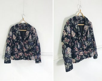 Vintage 90s Floral Blazer Womens Velvet Jacket Blue Floral Jacket Velour Womens Blazer Floral Print Jacket Blue Pink Blazer Jacket M L