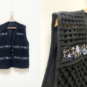Chaleco vintage de algodón negro con bordado floral de los años 90: chaleco calado extragrande