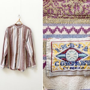 Vintage 90s Indian Shirt Men XL Patterned Shirt Pastel Striped Button Down Shirt Long Sleeved Indian Shirt Multi Print Button Up Shirt XL