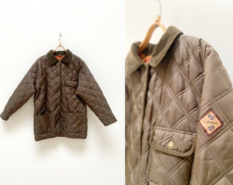 Vintage 90s Khaki Quilted Jacket Green Quilted Coat M Women Quilted Jacket Women's Khaki Spring Coat Collared Green Jacket Garden Jacket M