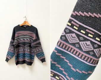 Vintage 90s Geometric Sweater  Purple Mens Sweater Purple Striped Knit Jumper Purple Gray Knit Sweater Men Winter Jumper Striped Sweater M L