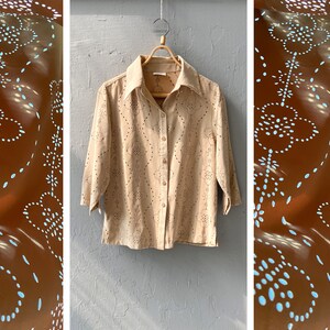 Vintage 90s Beige Blouse Faux Suede Top Womens Cut Out Top Beige Vegan Leather Top Faux Suede Shirt Beige Floral Cut Out Button Down Top M