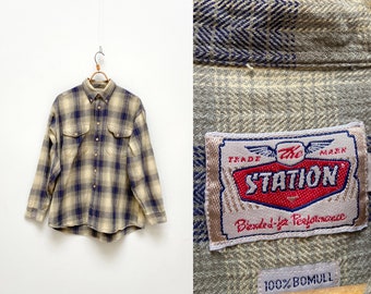 Vintage 90s Plaid Shirt Mens L Cotton Shirt Lumberjack Button Down Shirt Womens XL Checked Oversize Yellow Shirt Check Tartan Cotton Shirt L