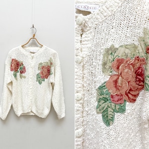Vintage 90s Ivory Cardigan Floral Cardigan Knitted White Cardigan Romantic Cardigan Women Knit Cardigan Ivory Knit Jacket Embroidered Jacket