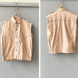 Vintage 90s Beige Waistcoat Beige Sleeveless Jacket Quilted Vest Womens Beige Gilet M L Quilted Beige Vest