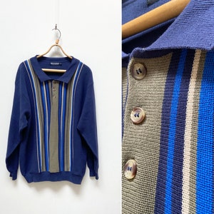 Vintage 90s Blue Cotton Sweater Mens Striped Sweater Blue Jumper Mens Pullover Sweater Striped Polo Sweater Mens Polo Sweater XL