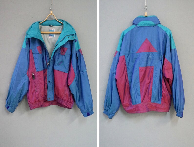 Vintage 90s Ski Jacket Mens L Color Block Jacket Chameleon Ski Suit Jacket Color Block Winter Jacket Hooded Snow Jacket Womens Ski Jacket