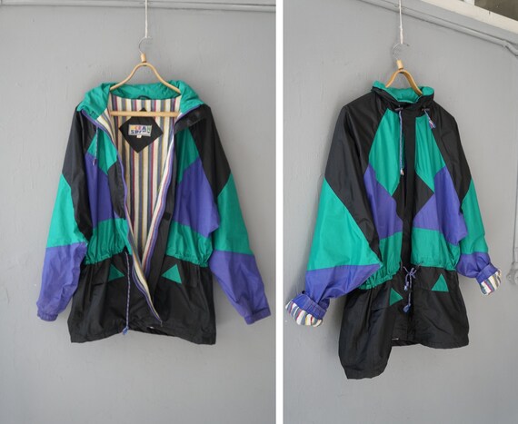 Vintage 90s Color Block Parka Jacket, Oversized Windbreaker (men