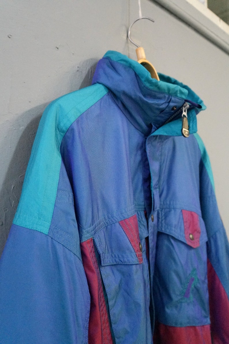 Vintage 90s Ski Jacket Mens L Color Block Jacket Chameleon Ski Suit Jacket Color Block Winter Jacket Hooded Snow Jacket Womens Ski Jacket