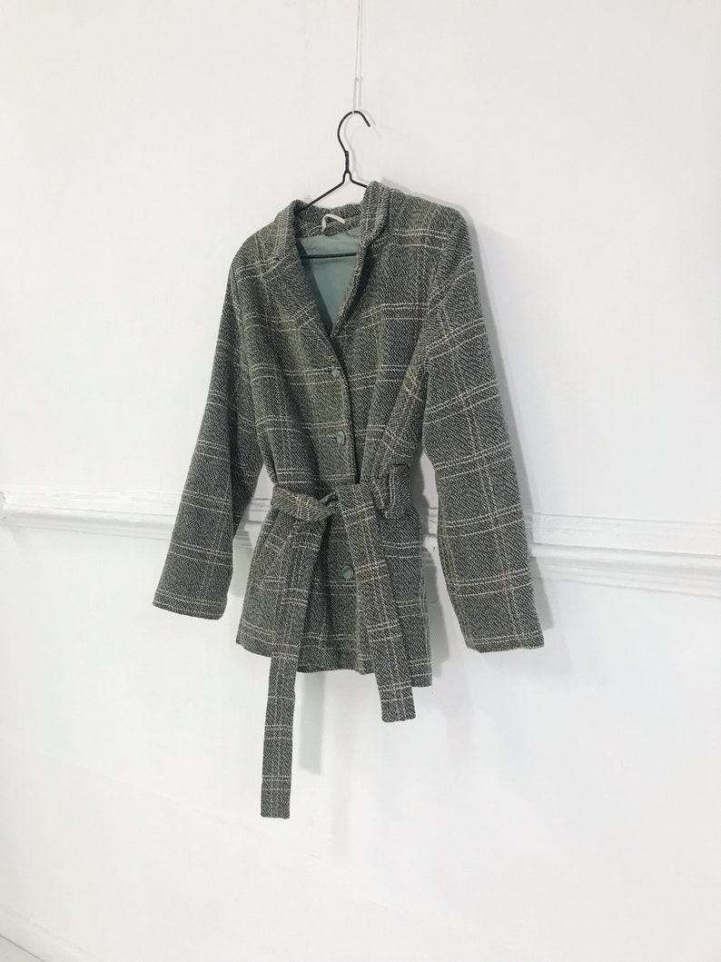 Vintage Plaid Coat Checked Jacket Womens M Trench Coat M Medium Jacket Belted Short Coat Patterned 90s Coat Warm Smart Jacket Womens Coat M image 3