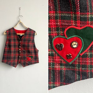 Vintage 90s Red Tartan Vest Women Christmas Waistcoat Red Checkered Vest Red Plaid Vest M Heart Tartan Vest Women Red Waistcoat Tartan Top