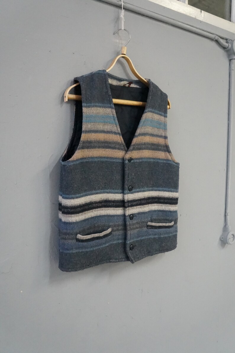 Vintage 90s Wool Vest Striped Wool Waistcoat Sleeveless Wool Jacket Mens Wool Vest Womens Wool Vest Wool Waistcoat Top Blue Gray Vest L XL