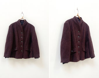 Vintage 80s Striped Herringbone Wool Coat - Women's Large
