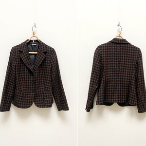 Vintage 90s Houndstooth Blazer Wool Patterned Blazer Women Brown Blazer Women Wool Blazer M Fitted Wool Blazer Patterned Jacket Suit Blazer