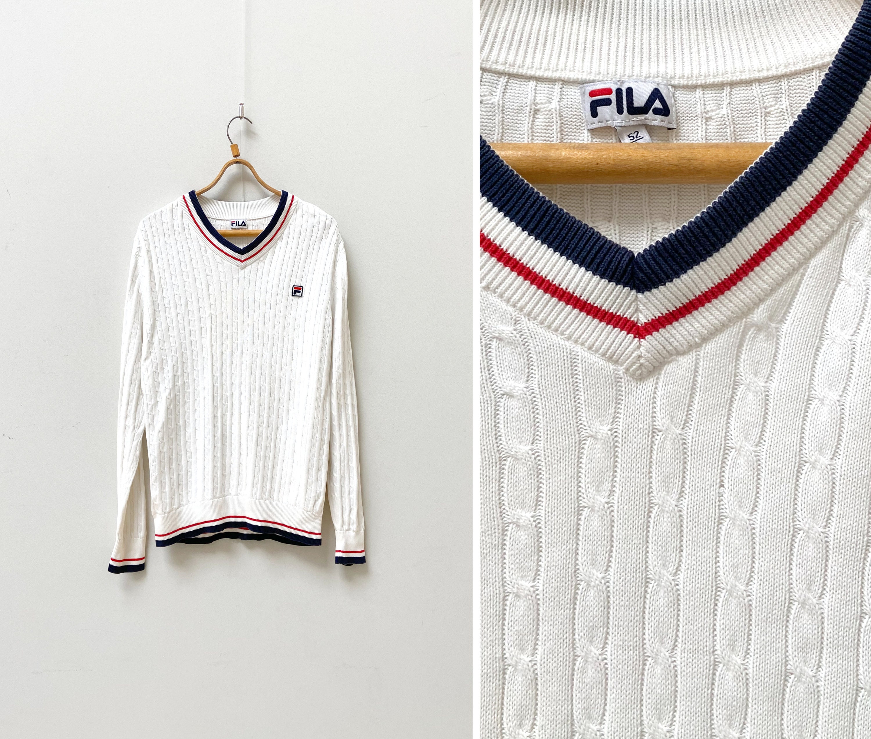 Vintage White Fila Sweater L Cable Knit Sweater Fila V Neck - Etsy