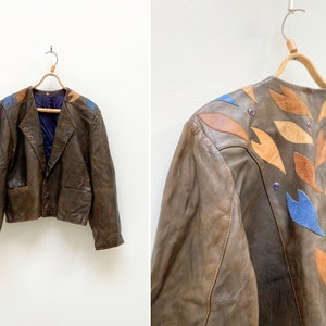 Vintage 90s chaqueta de cuero marrón mujeres cuero blazer chaqueta marrón pátina chaqueta mujeres chaqueta de cuero L chaqueta de cuero recortada chaqueta de llama