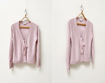 Vintage 90s Pink Cardigan Womens Dusty Pink Knit Cardigan L Pink Romantic Cardigan L Pink Sweater Retro Pink Cardigan Front Tie Cardigan L