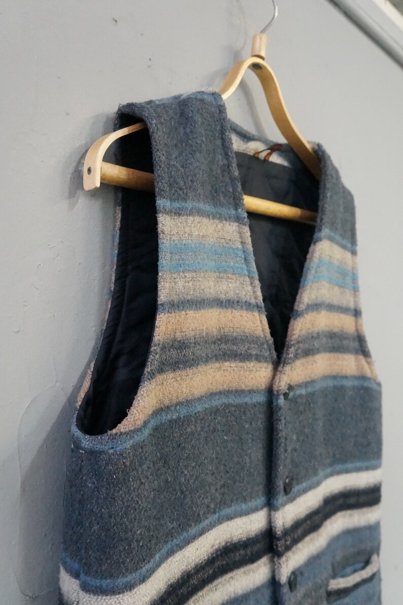 Vintage 90s Wool Vest Striped Wool Waistcoat Sleeveless Wool Jacket Mens Wool Vest Womens Wool Vest Wool Waistcoat Top Blue Gray Vest L XL