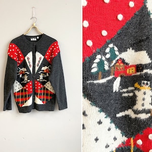 Vintage 90s Wool Cardigan Christmas Wool Cardigan Snowman Cardigan Women Christmas Jacket Winter Cardigan M Gray Red Holiday Cardigan Medium